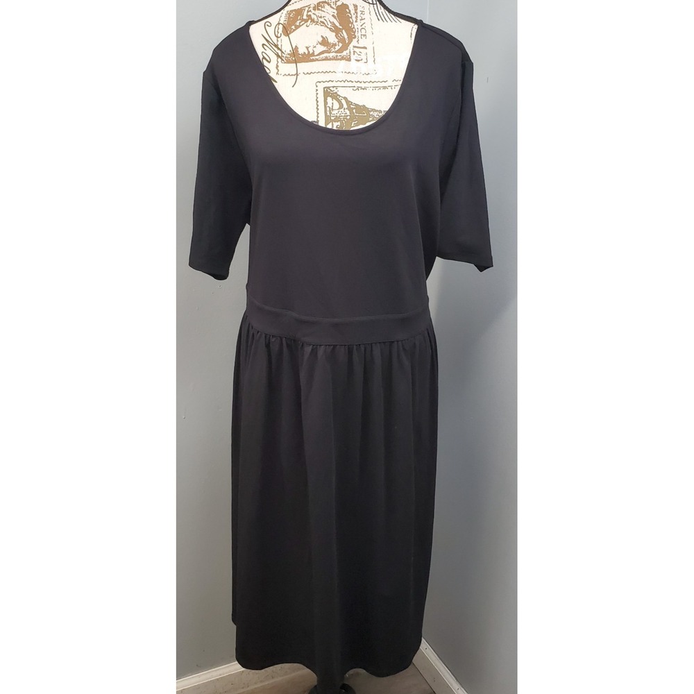 Lands' End Midi Dress Womens Plus 2X Black Drop Waist Short Sleeve Scoop Neck